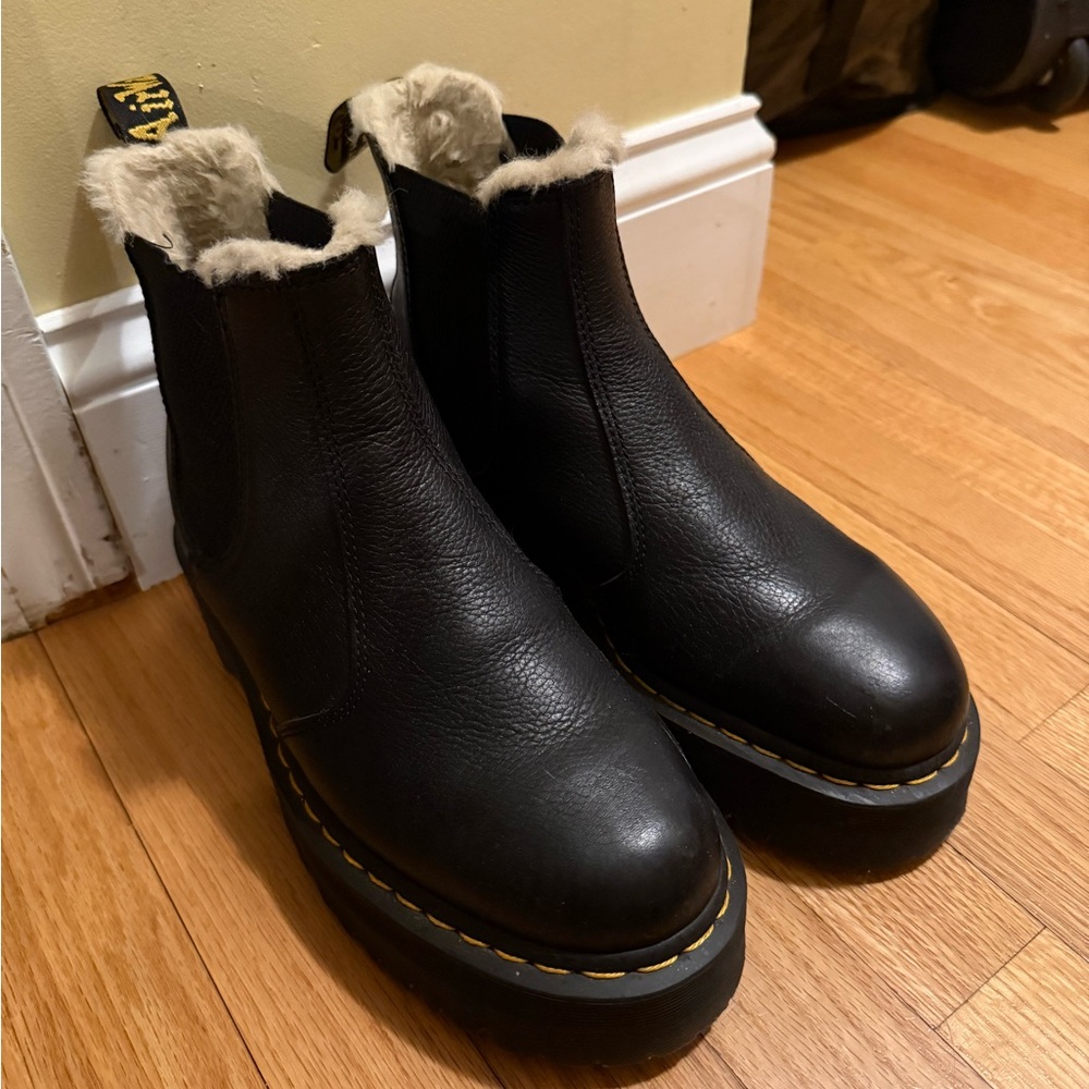 Dr Martens Black Leather Fur-Lined Platform Chelsea Boots